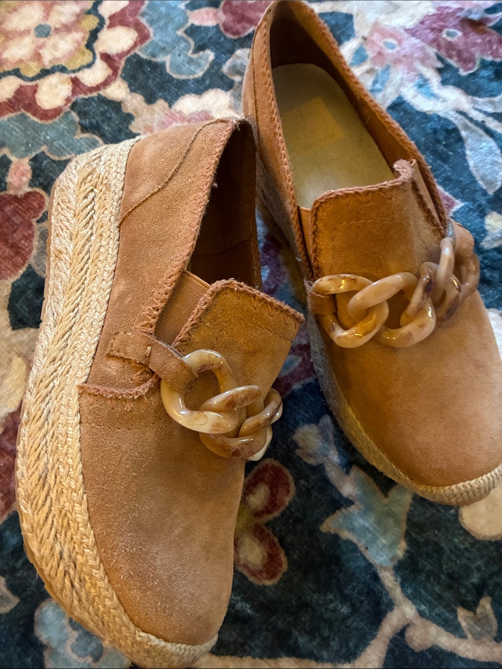 Dolce Vita Cognac Suede Espadrille Platform Loafers with Resin Chain